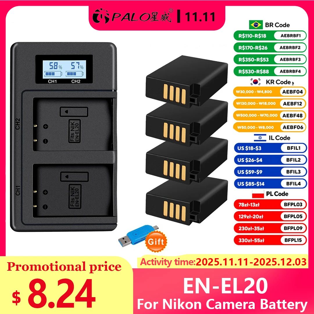 パロEN-EL20A EN-EL20バッテリー + 液晶デュアル充電器ニコンcoolpix P1000、950、1 j1、1 J2、1 J3、1 S1、1 V3、、1、AW1カメラ