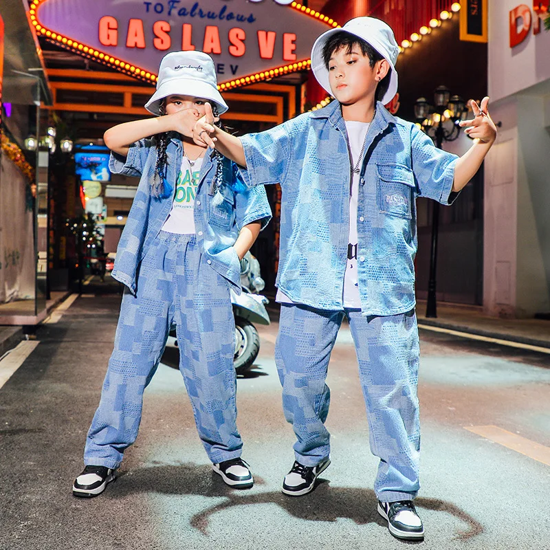 Kid Hip Hop Clothing Checkered Denim Shirt Short Sleeve Top Streetwear Jeans Baggy Pants for Girl Boy Jazz Dance Costume Clothes