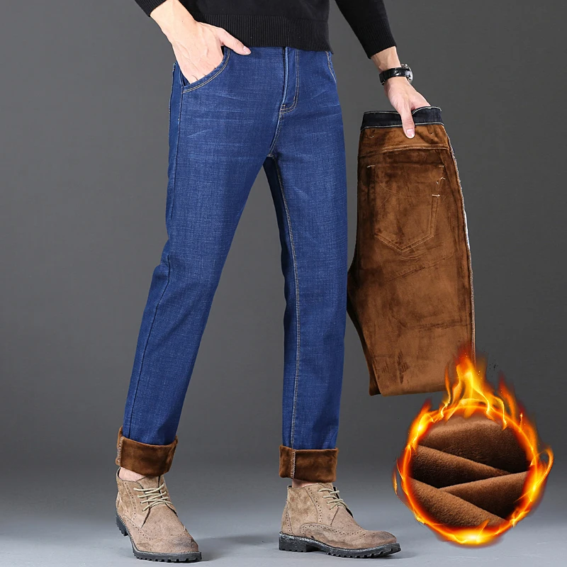 Winter New In Men\'s Fashion Business Jeans Fleece Warm Classic Casual Straight Jean Pants Male Brand Denim Trousers Black Blue