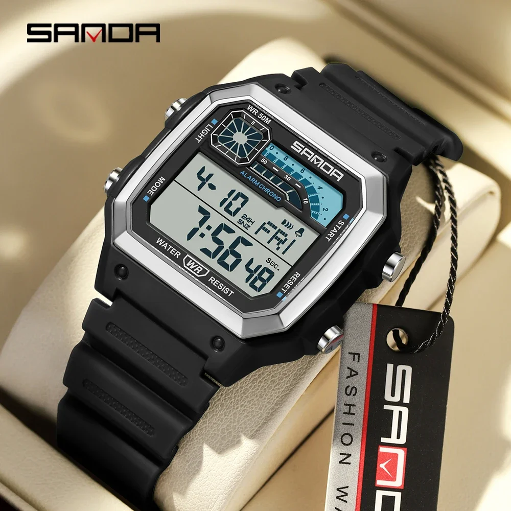 SANDA 6196 Electronic Watch Night Glow Waterproof Sports Men's Light and Thin Square Classic Male and Female Student Watch