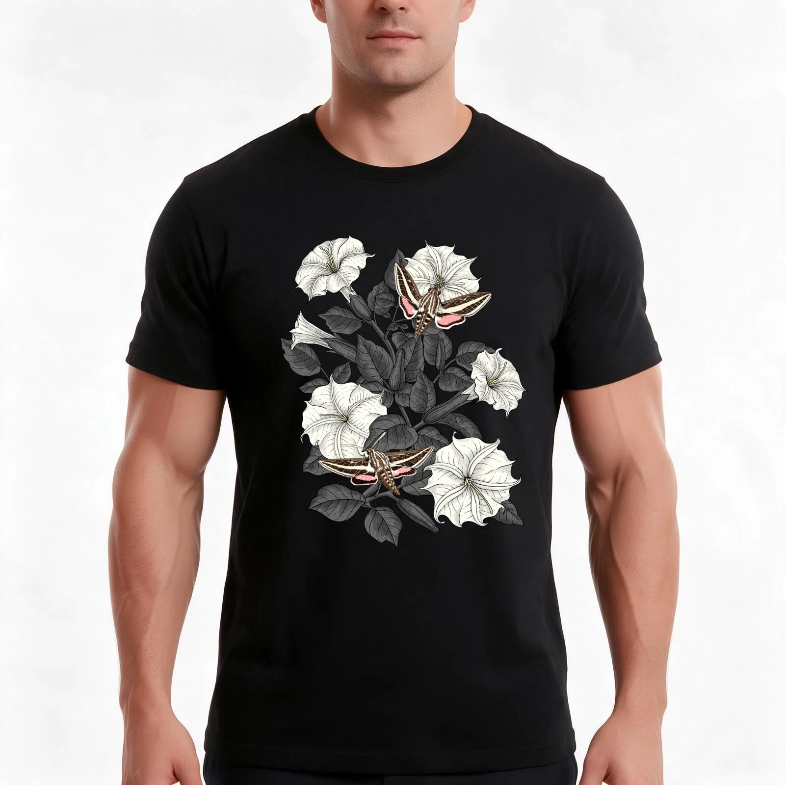 Moonflowers and sphinx moths T-Shirt, Summer Casual Cotton Tee, Oversized Streetwear Tops, Vintage Graphic Print, 100% Cotton