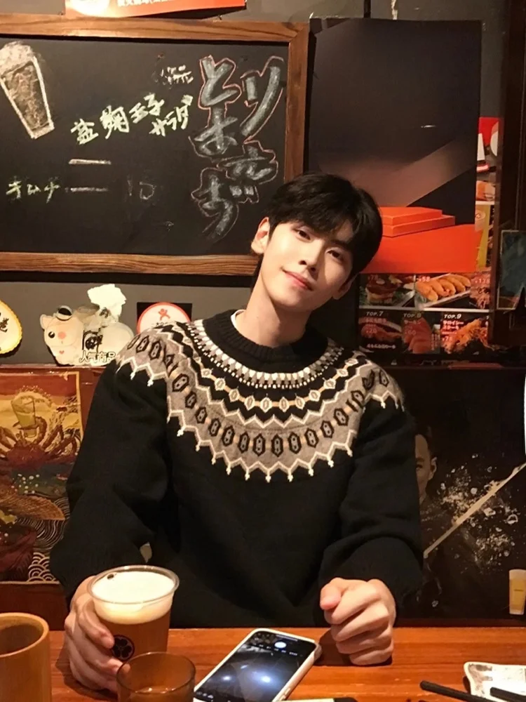 

Lazy Sle, свободный круглый вязаный свитер, мужской осенне-зимний цветной свитер с вышивкой, повседневная базовая верхняя одежда для пар, модная