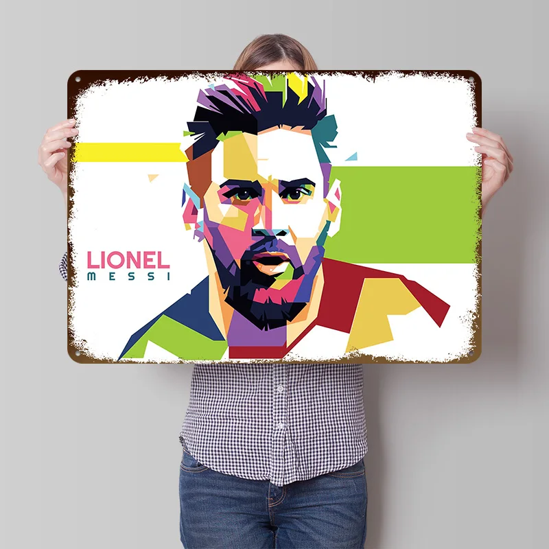 Lionel Messi Colorful Pop Art Tinplate Poster Customized Wall Art Vintage Metal Signs Retro Plates for Home Decor Living Room