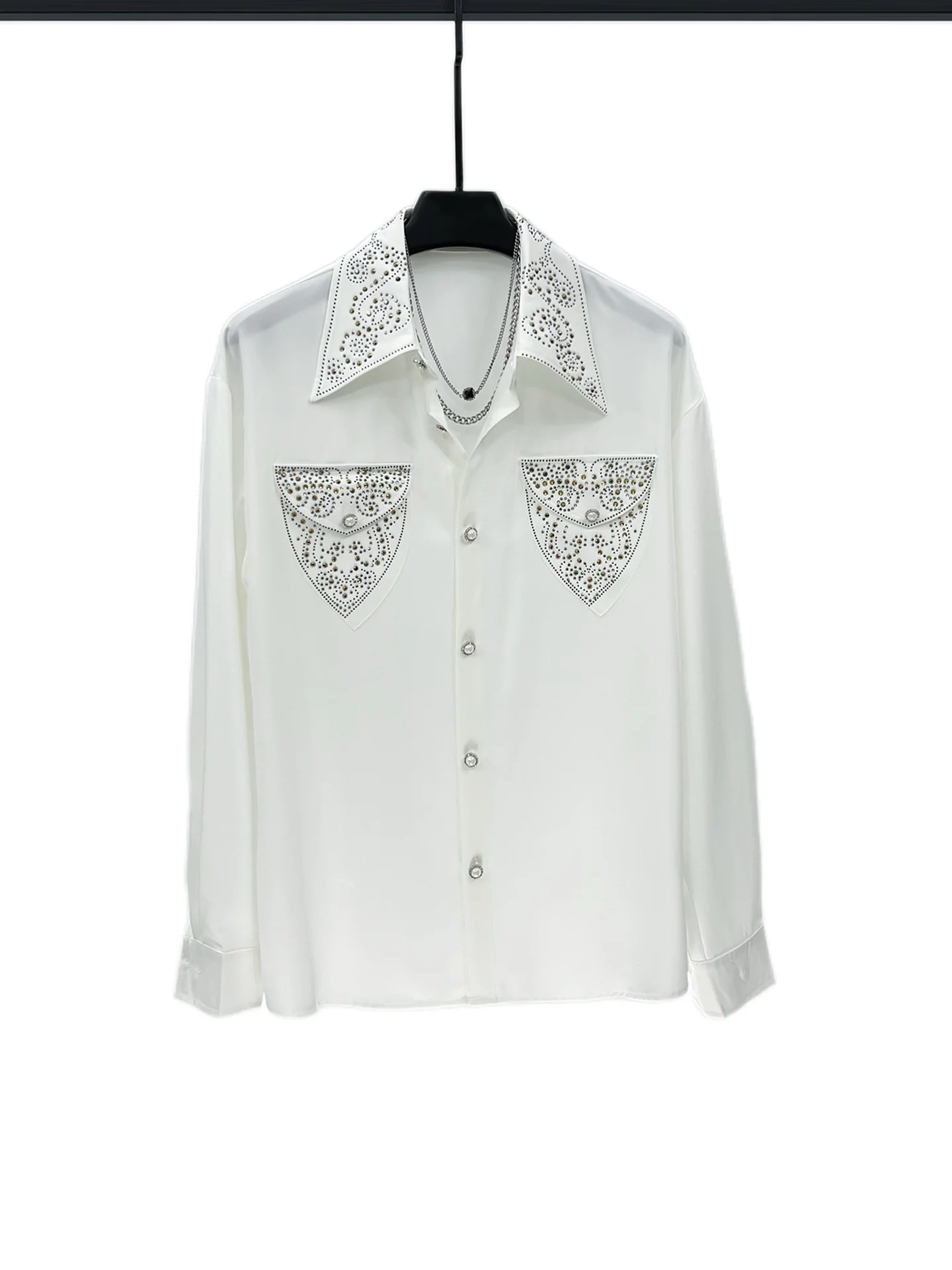 High-End Pocket Design Rhinestone Shirts Men 2025 Spring Autumn New Stylish Long Sleeve Shirts Masculinity Solid Color Chic Tops