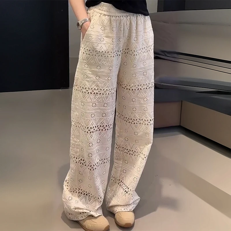Womens Croche Elastic High Waist Wide Leg Pants Vintage Bloomers Summer Hollow Out Knit Flower Lace Bohemian Beach Long Trousers