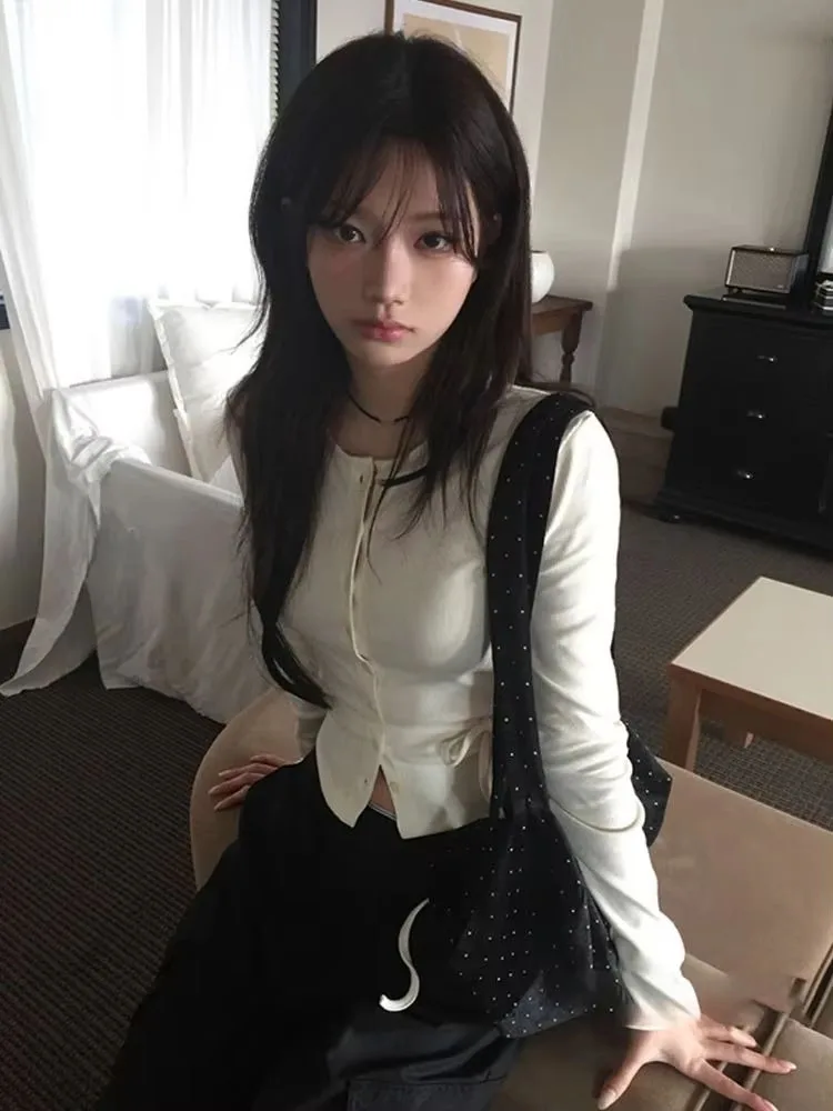 Women T Shirts Bandage Long Sleeve Slim O Neck Fashion Single Breasted Vintage Y2k Aesthetic Harajuku Crop Tops Female
