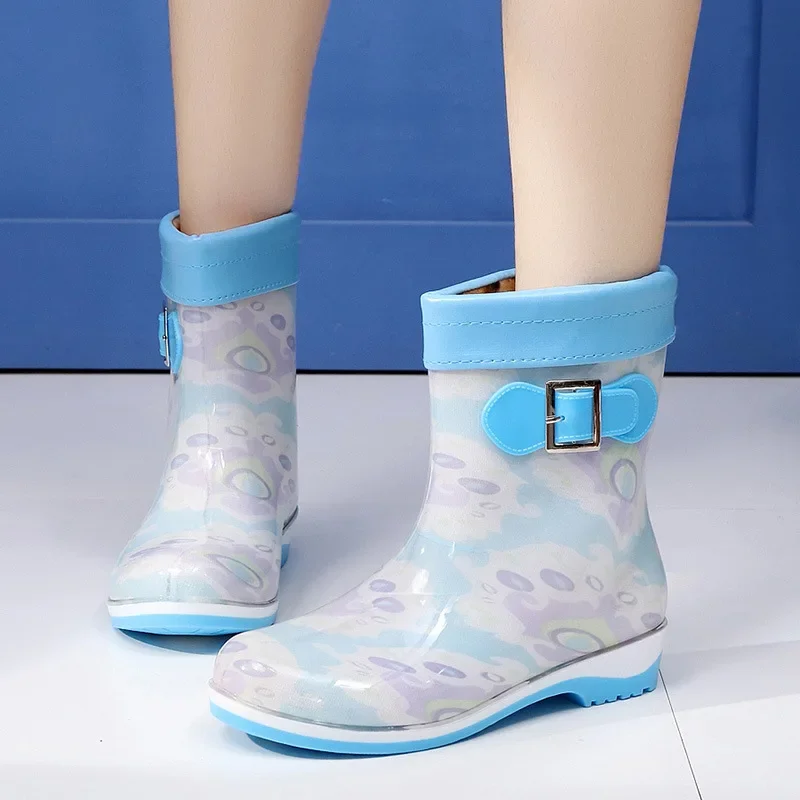 Fashion Winter Warm Fleece-Lined Rain Boots Women Middle Tube Non-Slip Jelly Rain Boots Ladies Shoe