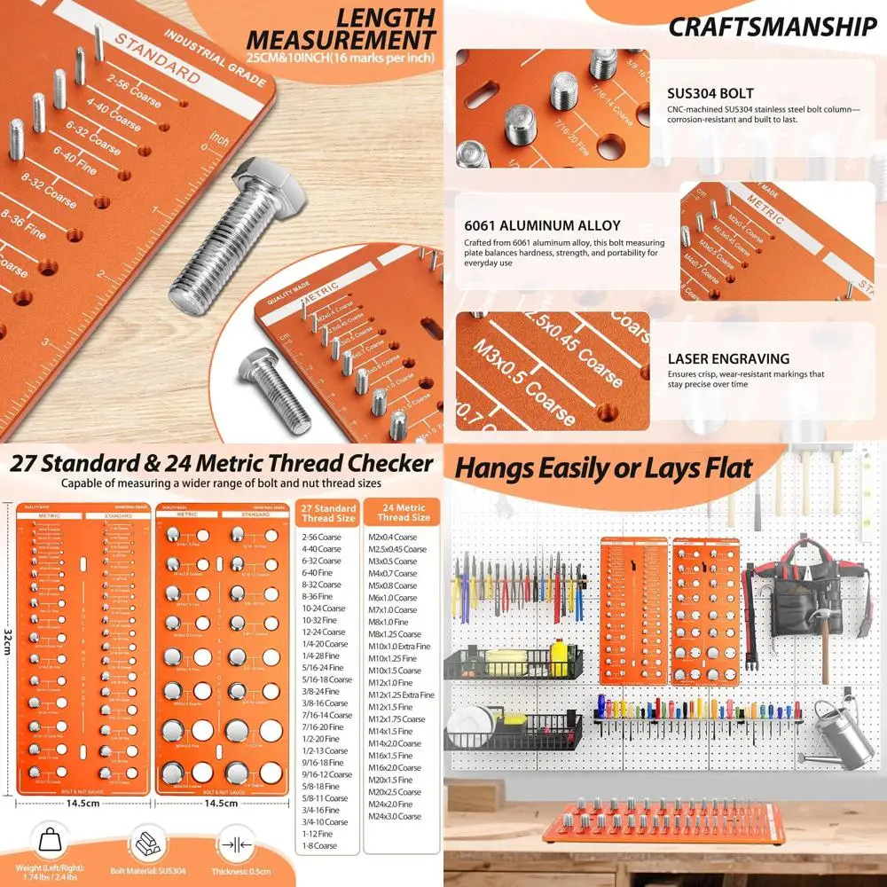 

Bolt Size Finder Tool - Standard & Metric Thread Checker with Wall Mount Screw Size Identification