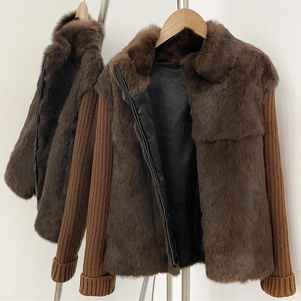 OFTBUY Strickärmel Patchwork Stehkragen Reißverschluss Pelzjacke Damen Echter Rex-Kaninchenfellmantel Kurz Neuer Winter Warmer Mantel Damen – Detail 11