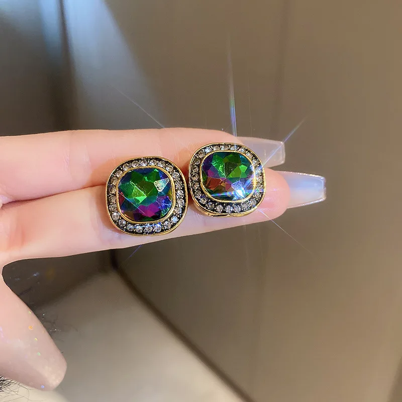 French retro light luxury diamond-encrusted square silver needle earrings fashion super flash niche temperament advanced