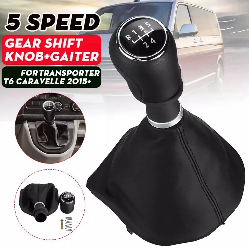 5 Speed Gear Shift Knob Leather Gaiter Boot Cover Shifter Lever Handle Stick for -Transporter T6 Caravelle 2015+