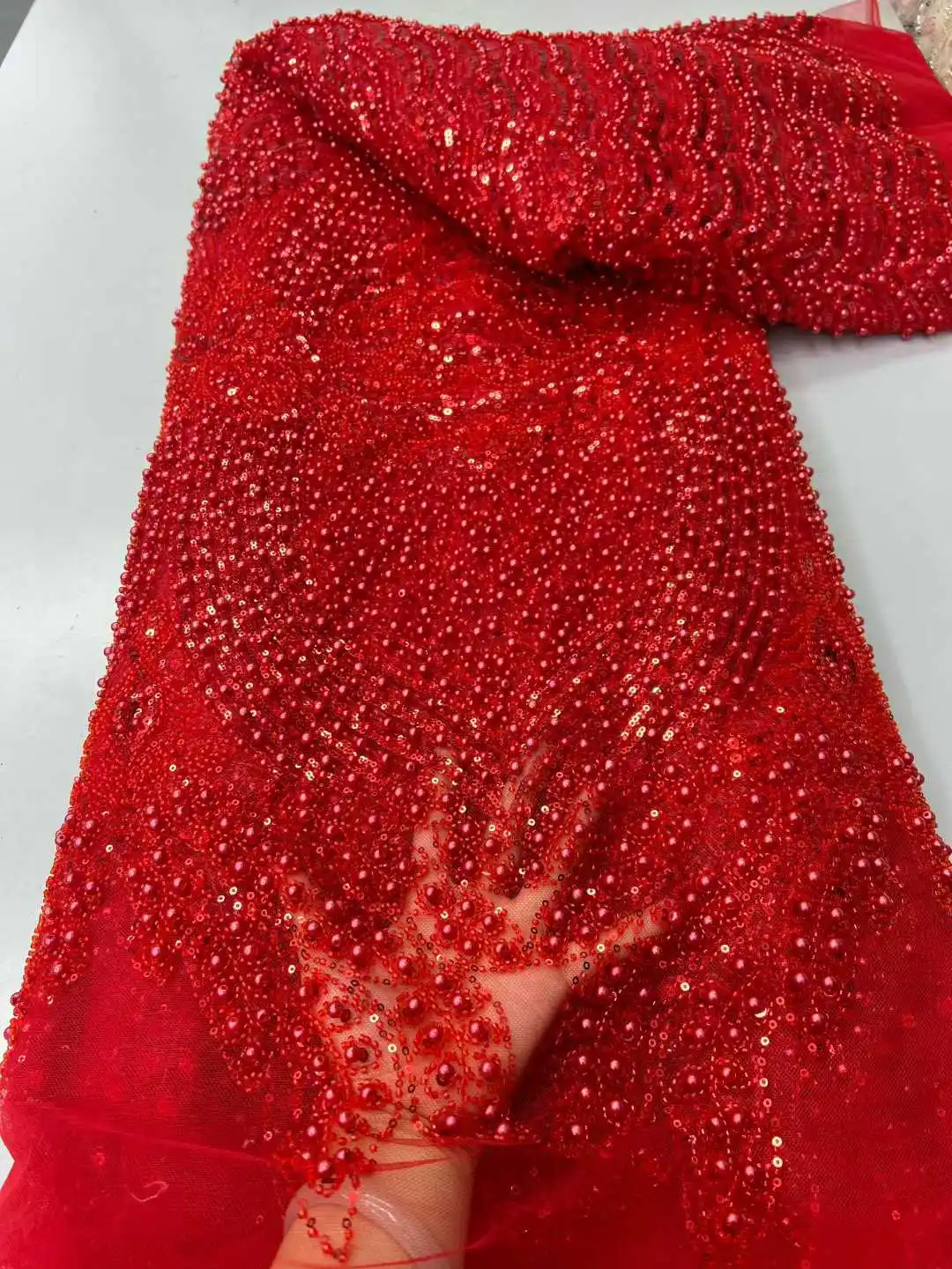

2026 Red High Quality African Lace Fabric Sequins Mesh Luxury Heavy bead Embroidered Tulle Fabric for Sewing Dresses ZX60JK-42