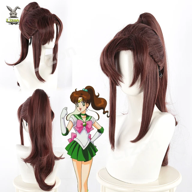 Sailor Jupiter Kino Makoto 60cm długie Anime peruki do cosplay włókno żaroodporne włosy syntetyczne + czapka z peruką