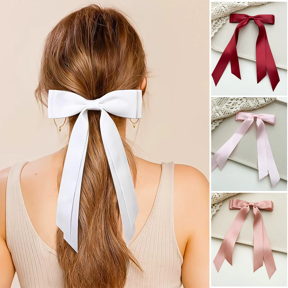 Women Elegant Bow Ribbon Hair Clip Fashion Solid Satin Spring Clip Simple Bowknot Hairpins Barrettes Hair Accessories for Girls