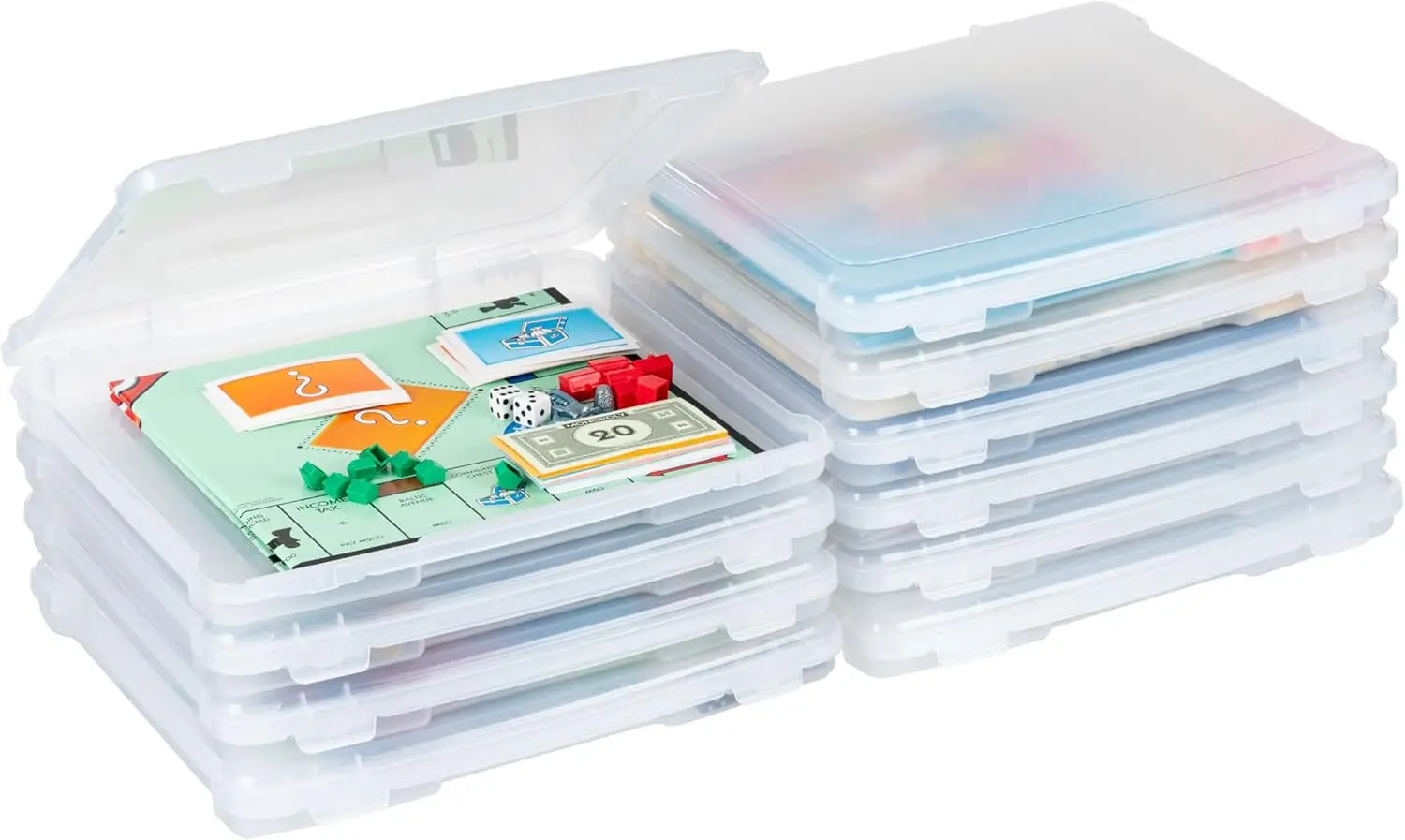 

Board Game Storage Containers 10-Pack with Built-In Handle & Snap-Tight Lid for Puzzles, Scrapbook, A4 Papers, Slim Clear