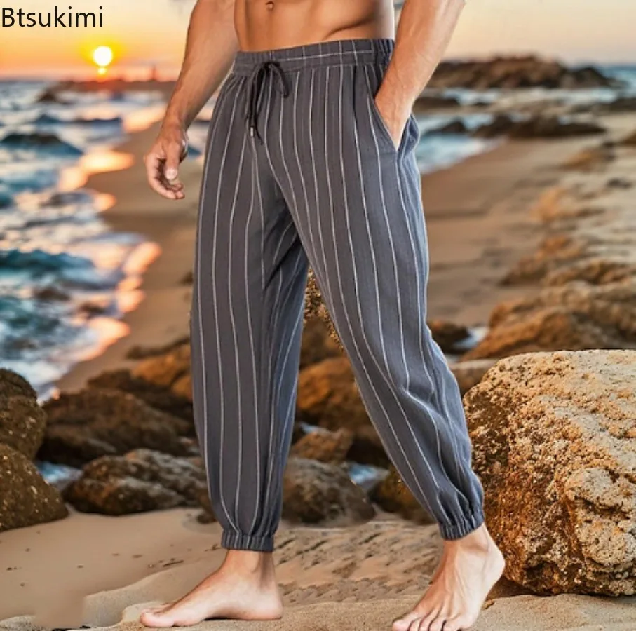 Fashion Striped Summer Linen Pants Men's Casual Breathable Beach Trousers with Pockets Simple Versatile Baggy Sweatpants for Men