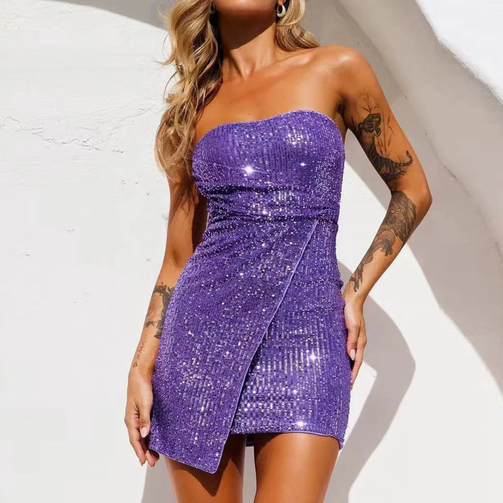 Luxury Glitter Sequins Party Birthday Nightclub Dress for Women Sexy One Shoulder Long Sleeve Feathers Cocktail Prom Robe