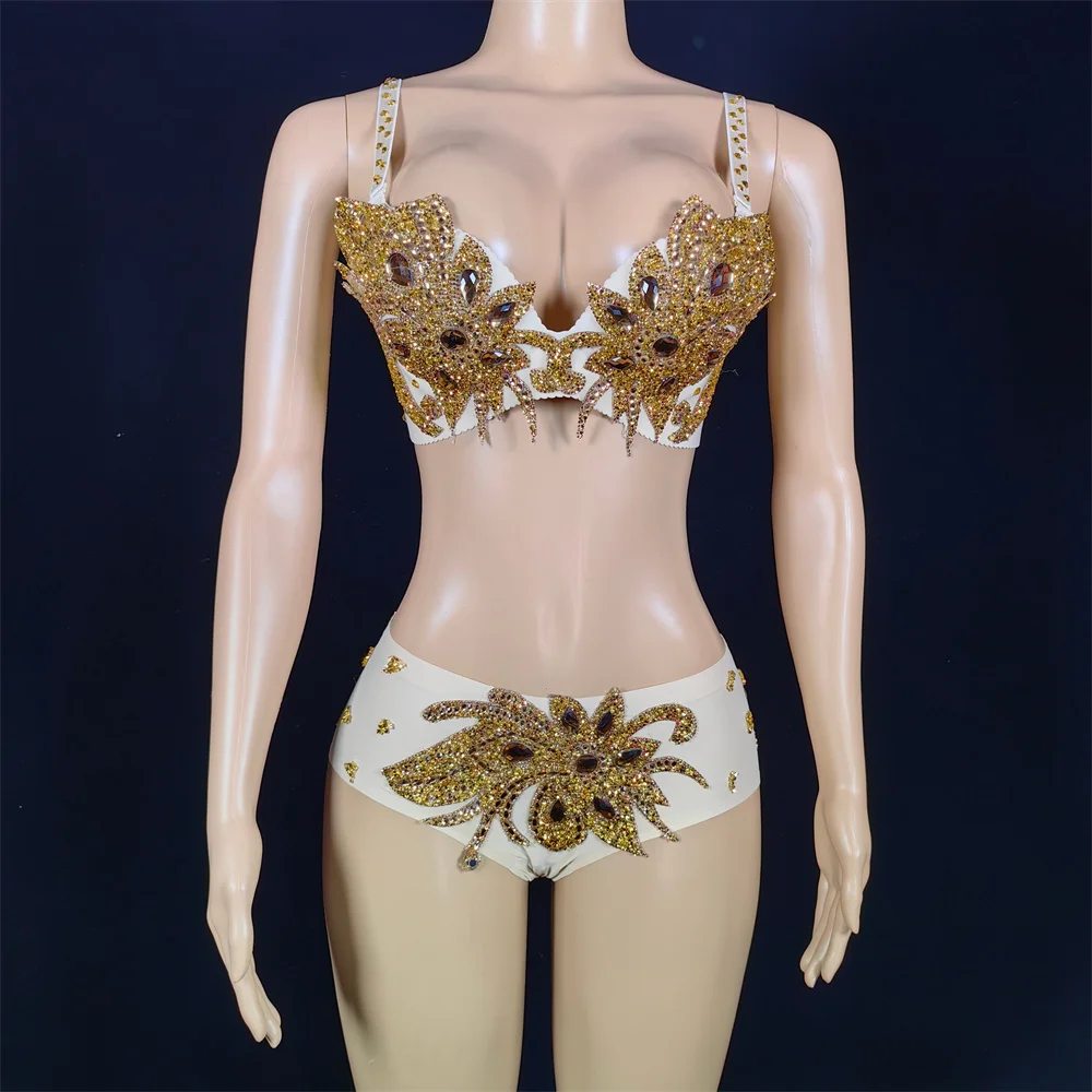 2025 New Female Pole Dance Clothes Nightclub Bar Costume Gogo Dance Clothing Sexy Golden Rhinestone Bikini Women's Underwear y69