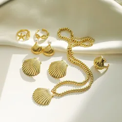 Hecheng, Ocean Series Golden Plated CZ Stone Shell Starfish Ring Earrings Necklace Jewelry Set