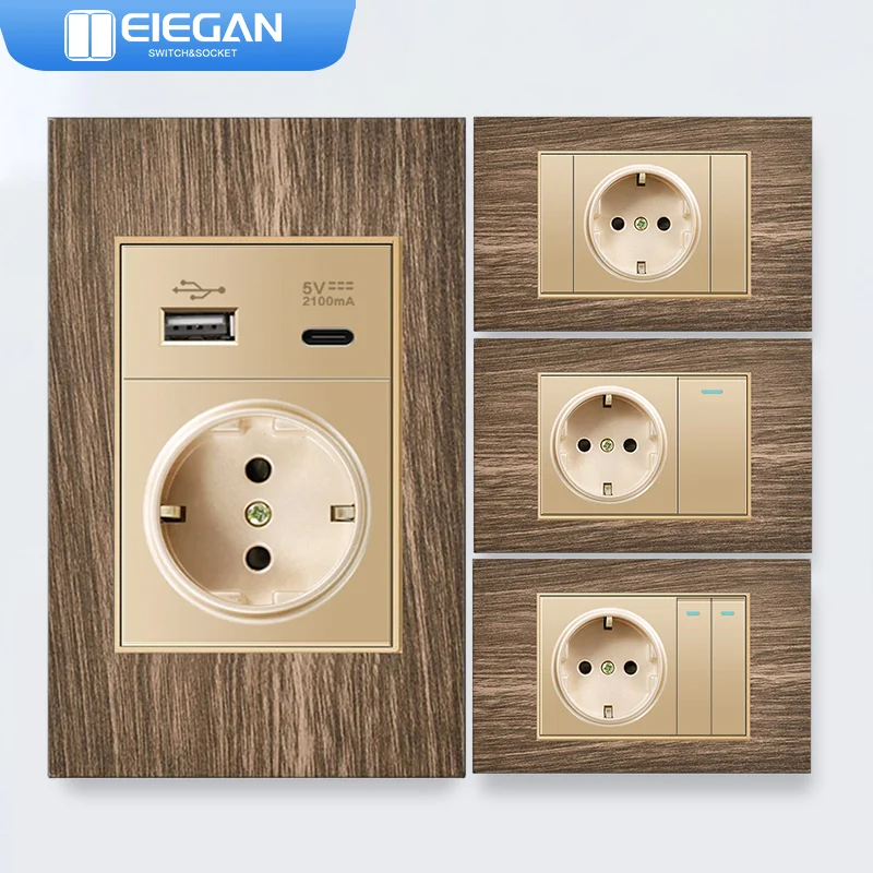 

Gold EU 2Way Standard Retro American Push Button Wall Switch Wood Grain Panel AC110~250V Power Socket with USB and Light Switch