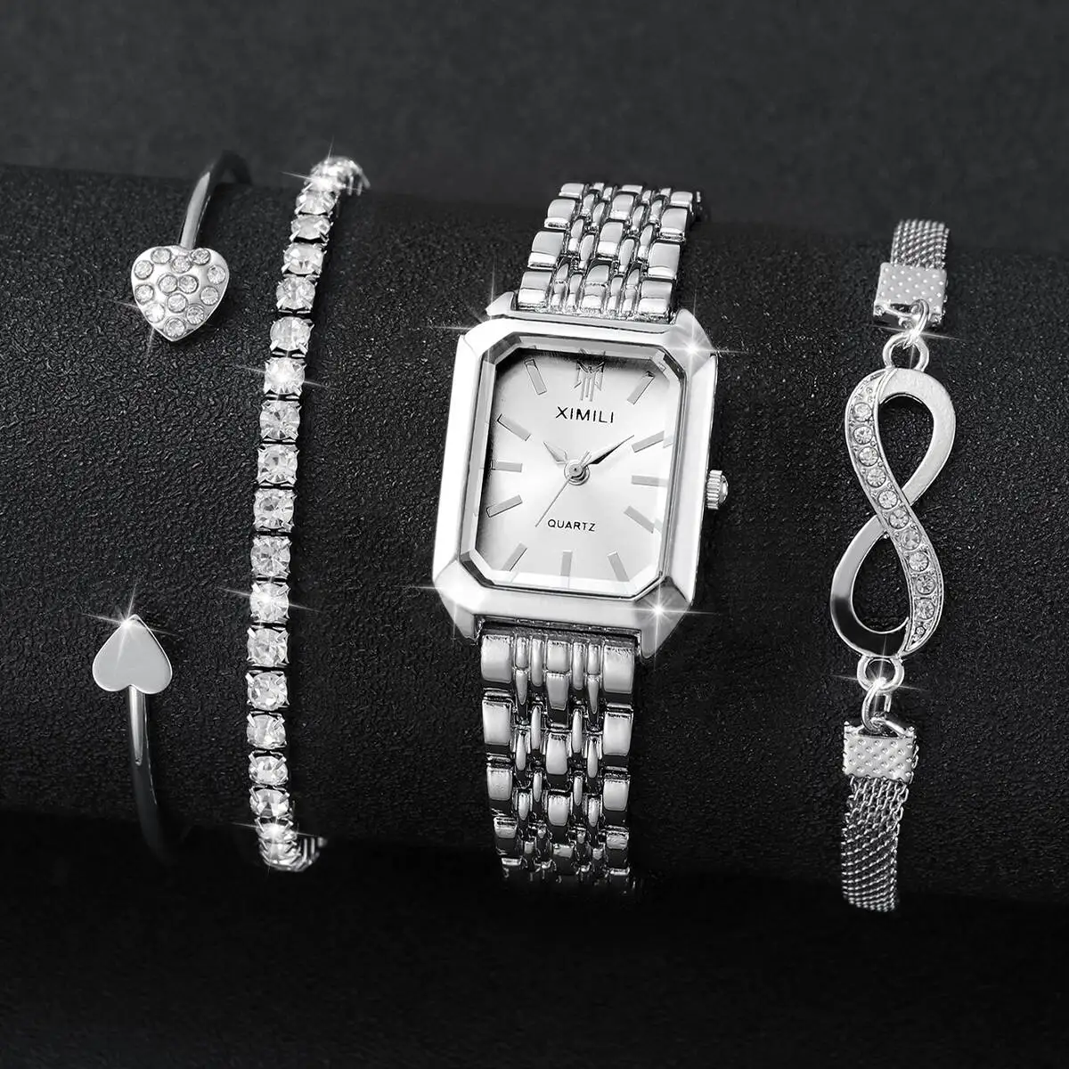 4 pezzi moda rettangolo orologi da donna cinturino in acciaio inossidabile di lusso orologio al quarzo da donna bracciali con strass set Relogio Feminino