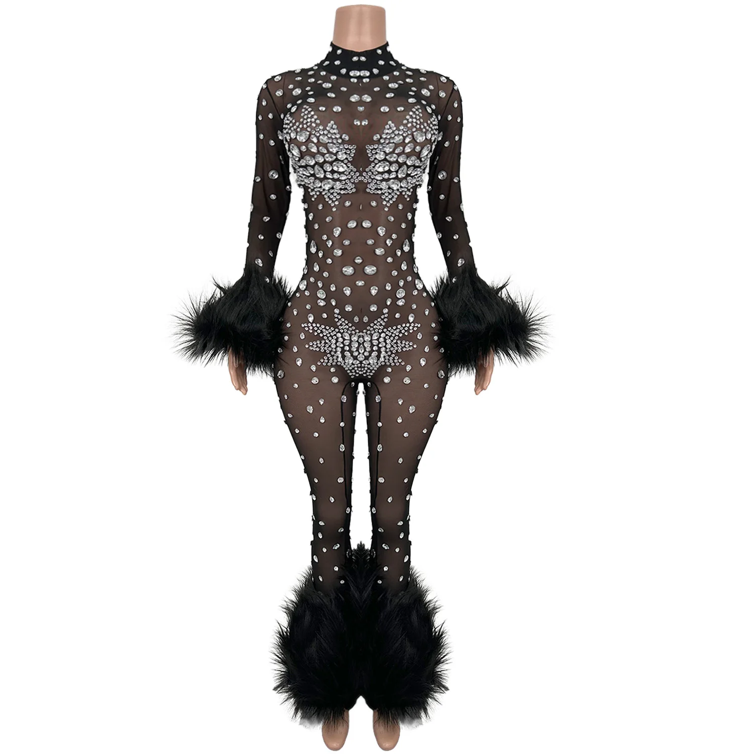 Guibinlianti Tuta nera sexy in rete con polsini in peluche leggings con strass argento Natale Halloween Capodanno Abito da festa