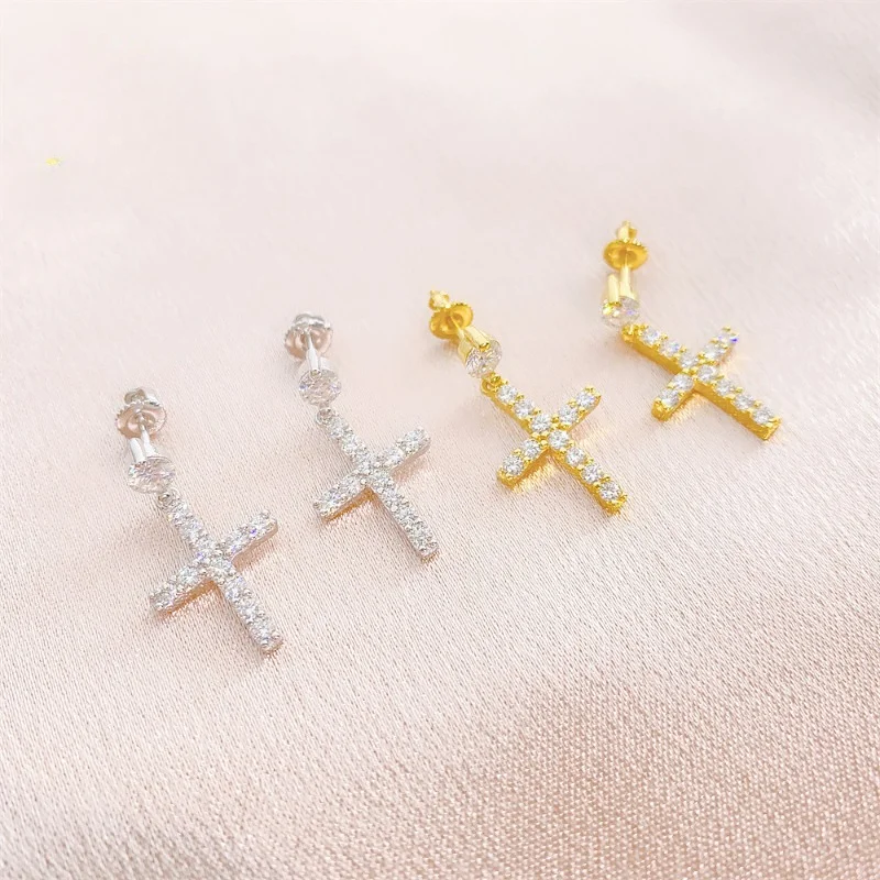 

Hiphop Iced Out Moissanite Cross Earrings Screw Back Silver 925 Jewelry D Color VVS1 Moissanite Dangle Earrings Pass Tester Gift