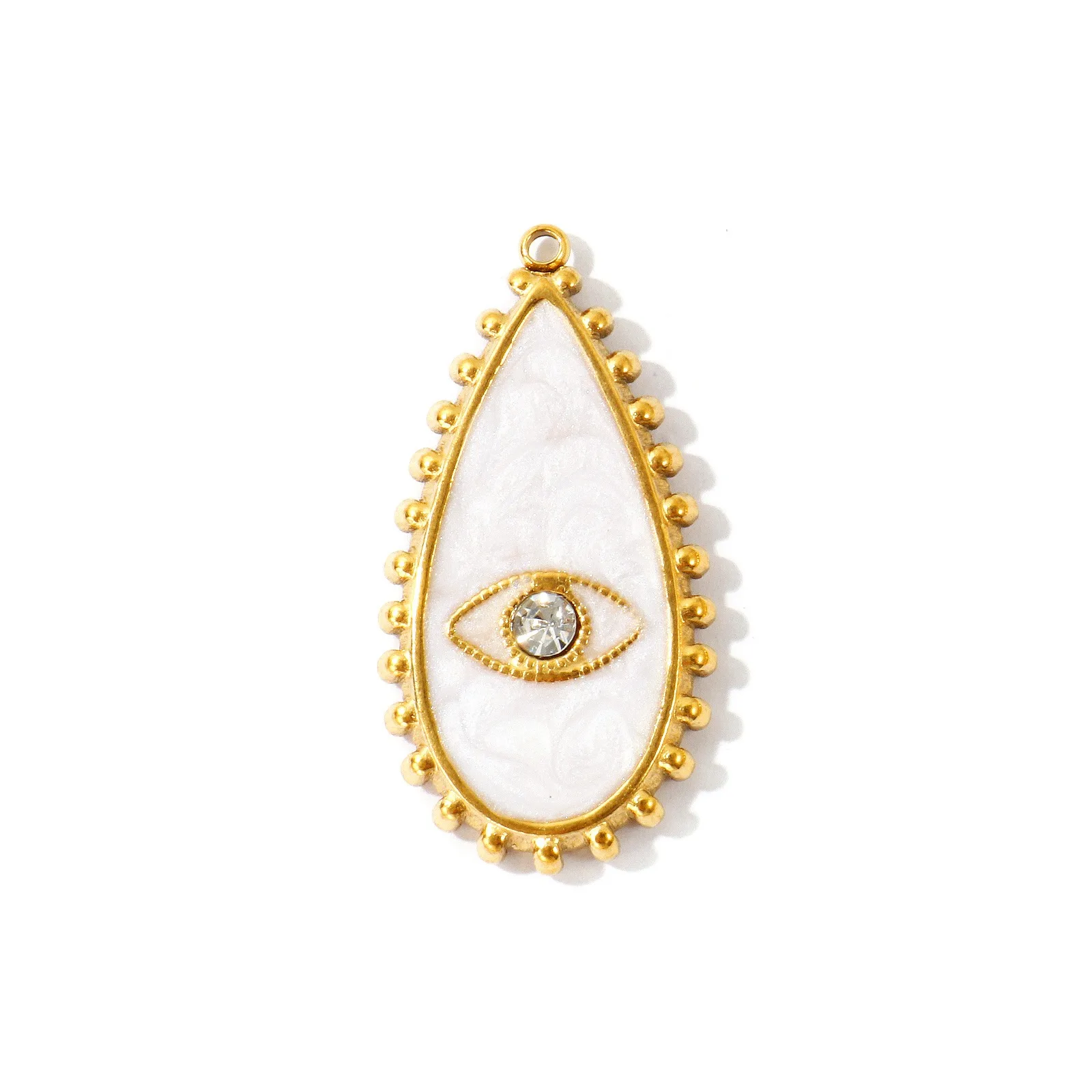 2 Stück 304 Edelstahl-Anhänger, Emaille-Tropfenform, perlmuttartig, klarer Strass, 18 Karat vergoldet, Charms für DIY-Halskettenherstellung, 3,7 x 1,9 cm – Detail 1