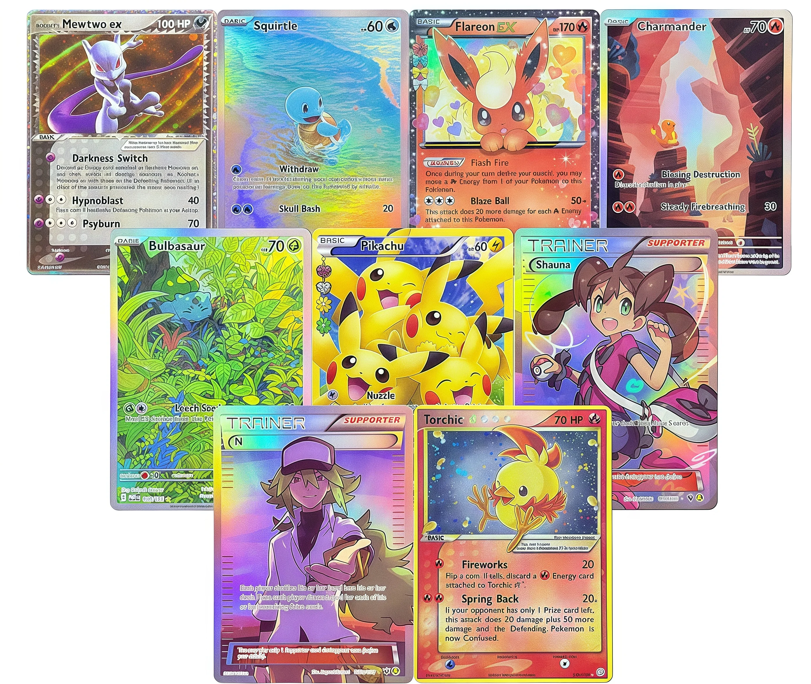 

Foil PKM Cards proxy Pikachu Squirtle Mewtwo Charmander Collectible Amarys Flareon Snorlax Trading Card for PTCG Battles