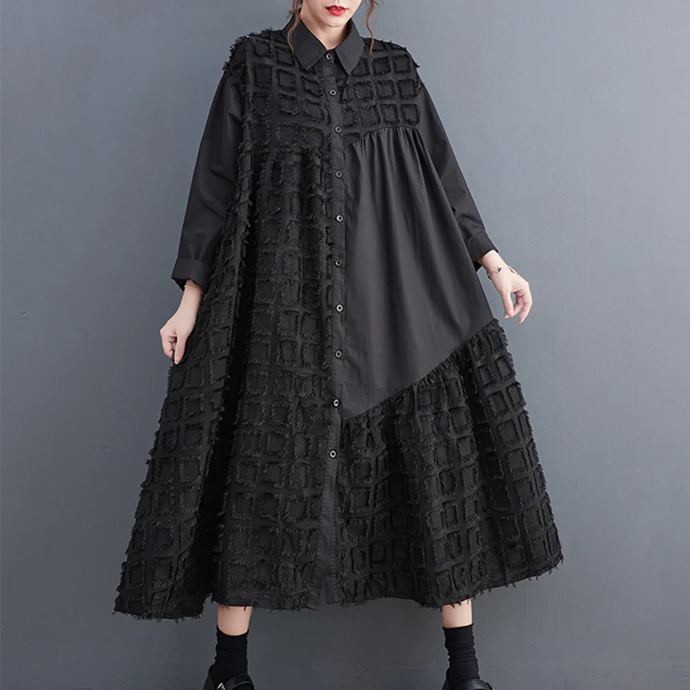 

Oversized 2024 Autumn New Patchwork Plaid Women Loose Black Shirt Dress Korea Ladies Casual Cotton Cardigan Shirts Long Dresses