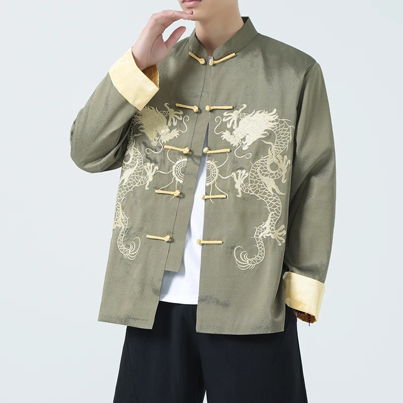 

Ele Embroidered Loose Fit Stand Collar Jaet Chinese Sle Men's Faion Outerwear for Autumn Winter Seasonal Wear