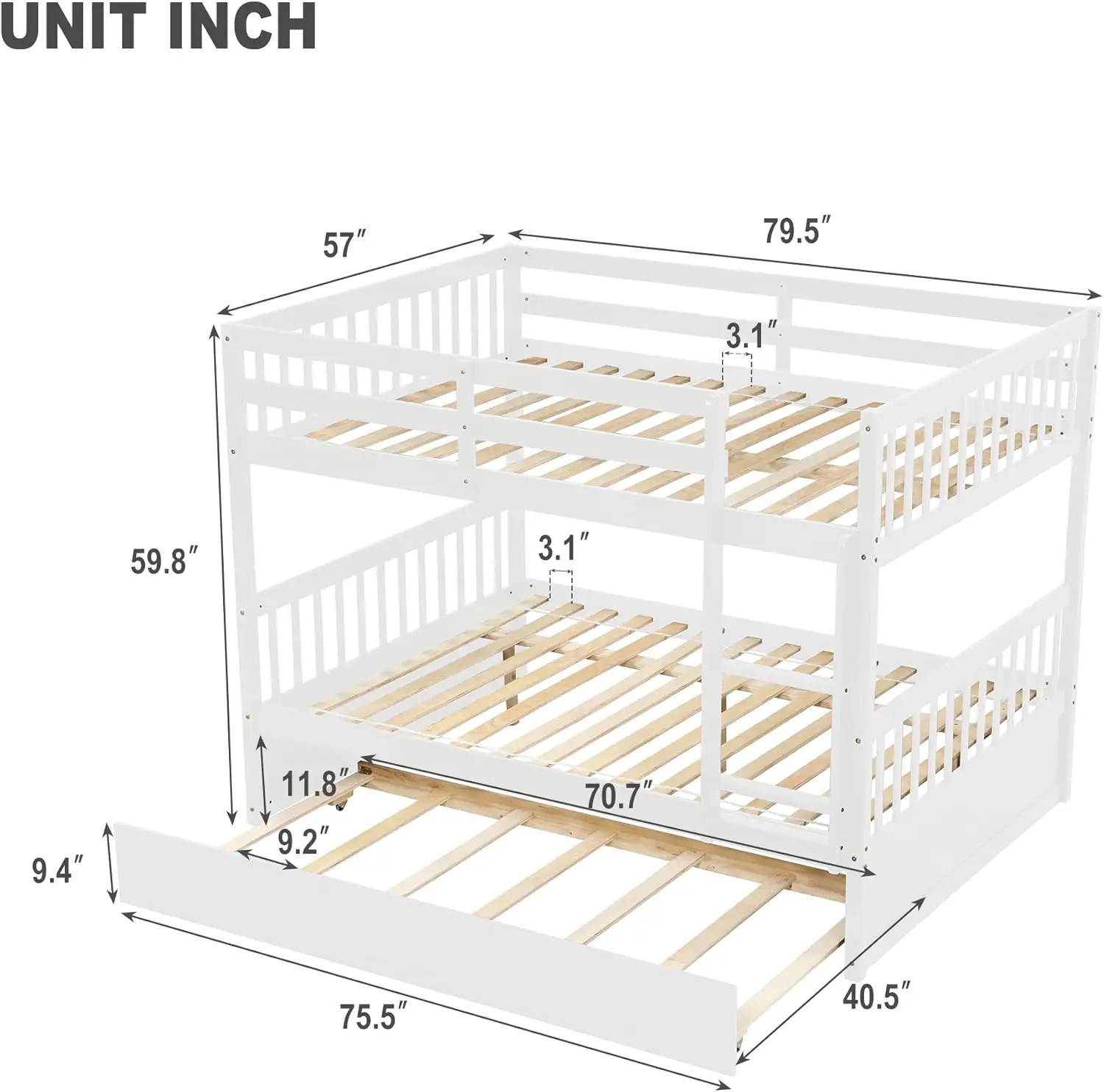 Over Ful Bunk Beds with Pull-Out Trundle,Solid Wood Bed Frame with Safety Rail and Ladder,Convertible to 2 Full Size Platfo