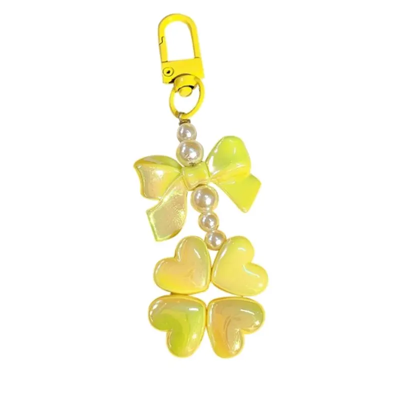 Beaded Ribbon & Four-leaf Clover Keychain Bag Pendant Cute Candy Colour Pearl Car Key Chain Accessories