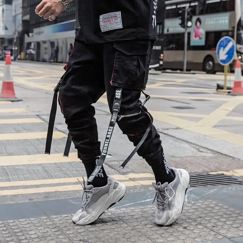 Classic Streetwear Hip Hop Joggers Men Letter Ribbons Cargo Pants Pockets Track Tactical Casual Male Trousers Sweatpant K111