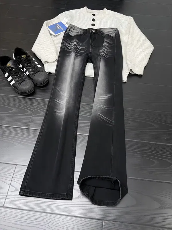 

Black Washed Design Flared Jeans Men Winter American High Street Vibi Slim Straight Leg Jeans mid Waist Zipper Closure