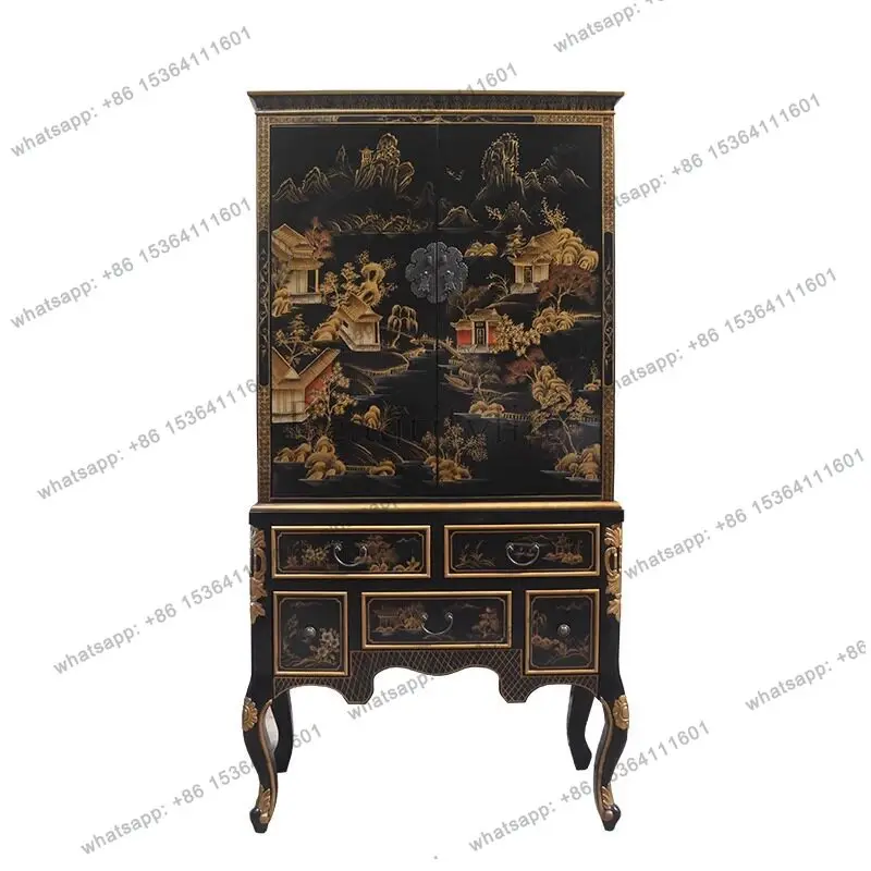 

New Chinese classical solid wood wine cabinet living room hand-painted villa retro wardrobe