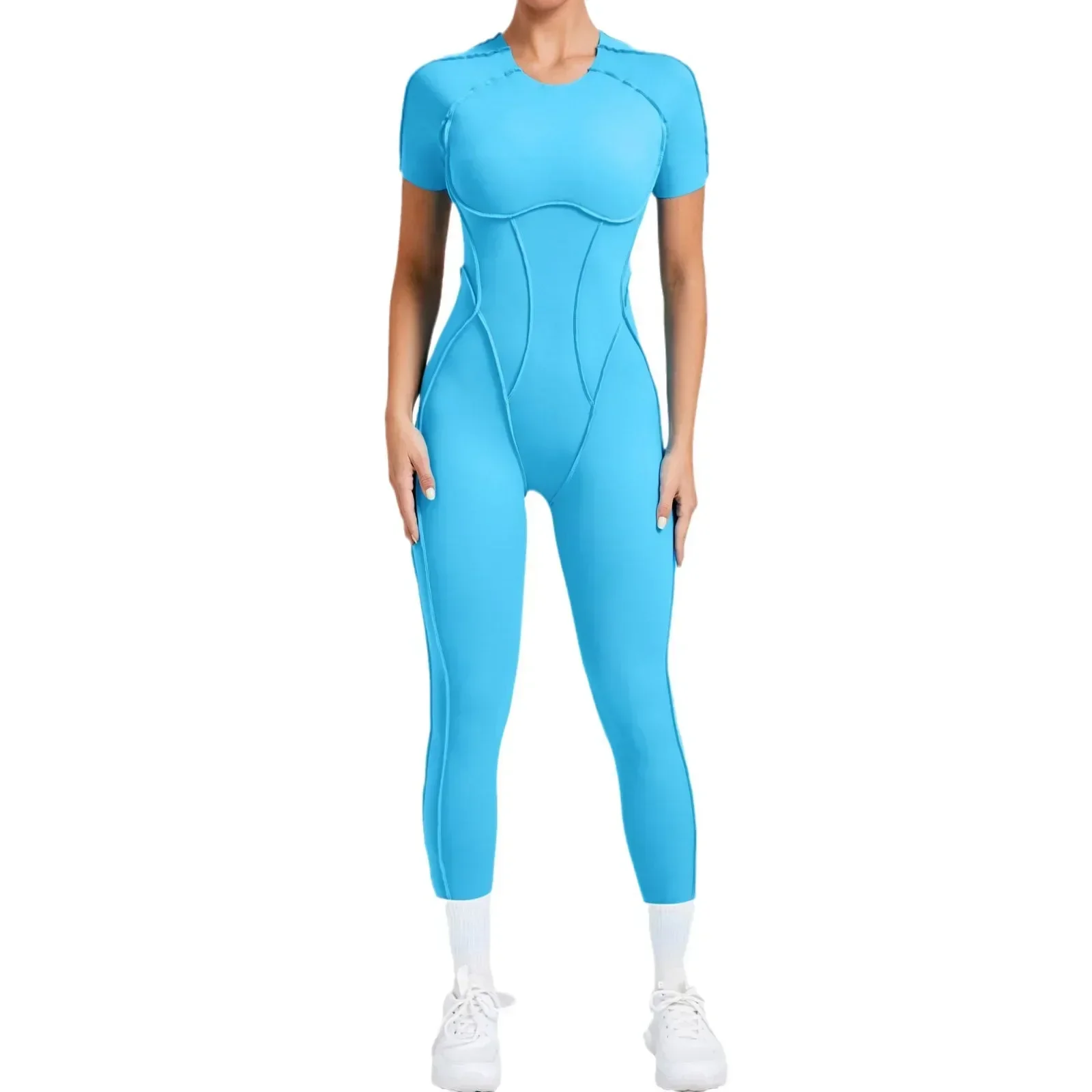 Seamless Yoga Jumpsuits Sports Fitness Hip-lifting Backless Short-sleeved One-piece Workout Gym Leggings Tracksuits for Women