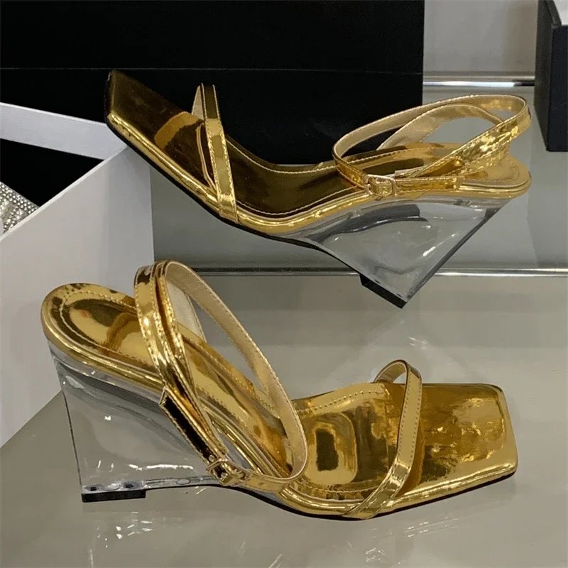 

Eilyken Fashion Square Toe Buckle Strap Women's Sandals Designer Crystal Clear Wedge High Heels Wedding Summer Shoes