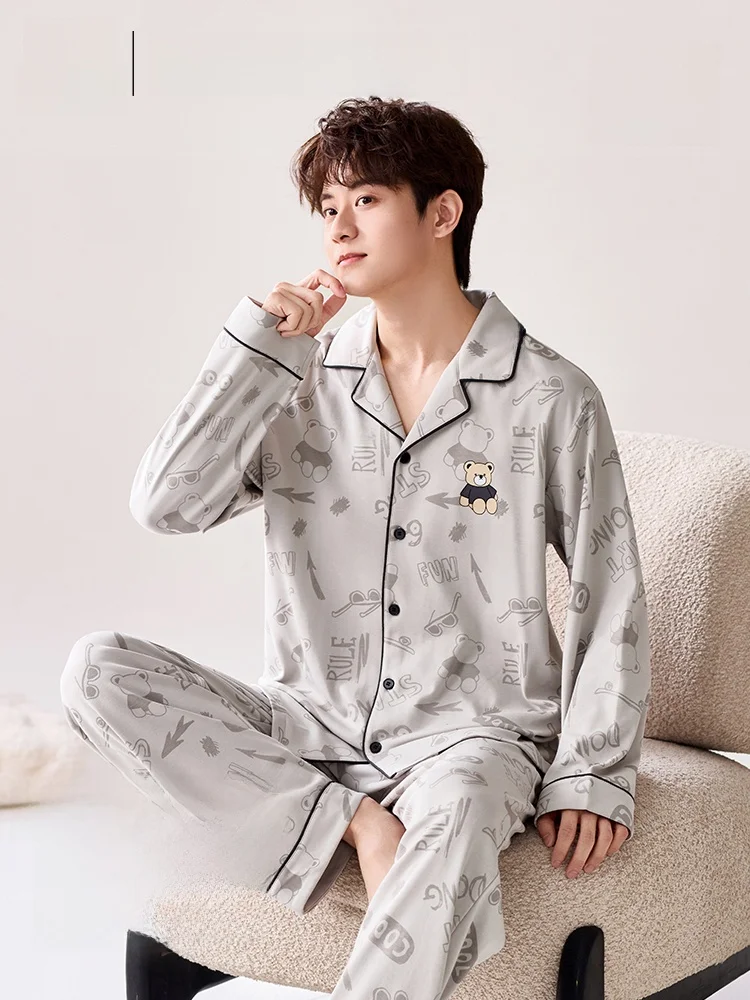 men's-pure-cotton-long-sleeve-sleepwear-set-large-size-home-clothes-suitable-for-outdoor-wear-all-seasons-casual-comfortable