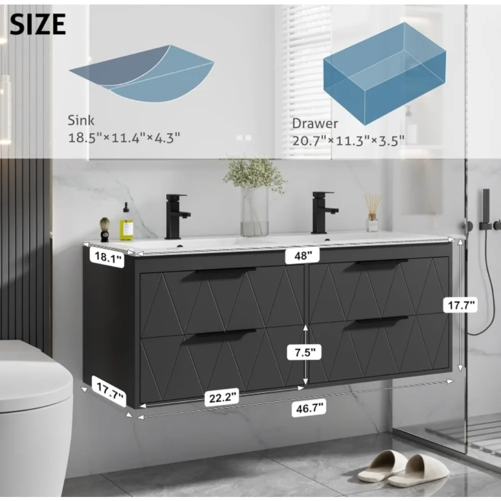 48 Armário de banheiro com combinação de pia, armário flutuante montado na parede com linha de decoração, sistema de fechamento suave, 4 gavetas extra grandes