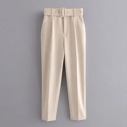 Spring and Autumn New Women's Casual Pants Slim-fit Belt Accessories Solid Color High-waisted Nine-point Pants Y2k  Women Pants