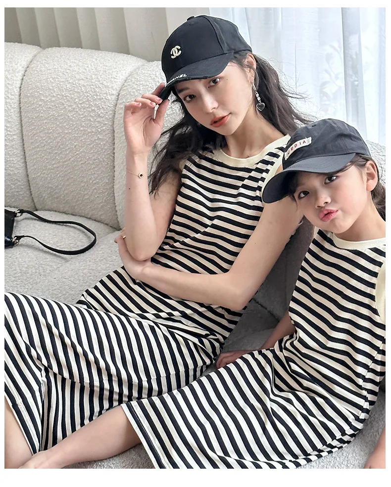 Mommy and Me Dress Family Fashion Summer Set Clothes for Mother  Daughter Stripe Sports Skirt Set Matching Mother Daughter Outfi