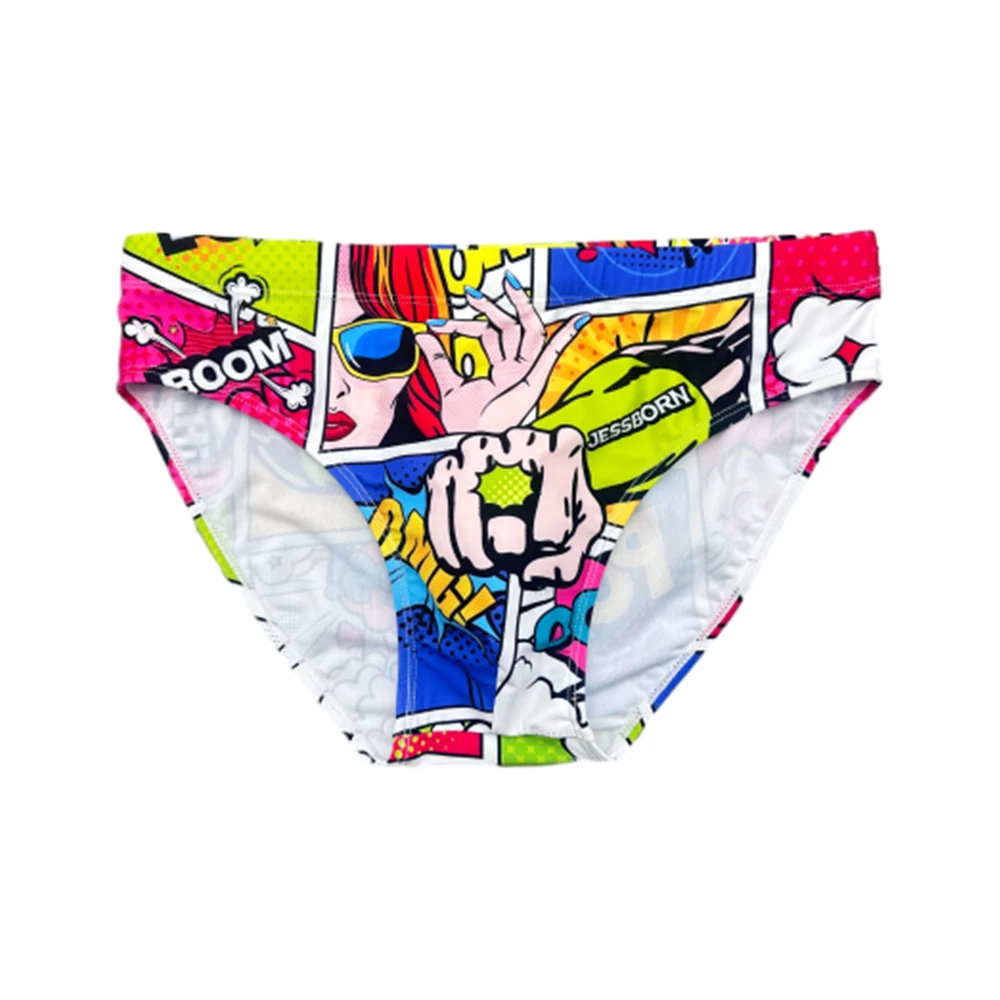 JESSBORN Sexy Mens Cartoon Swim Briefs Spa Bathing Swimsuit Polyester Breathable Quick Dry Male Sport Beach Surfing Swimwear