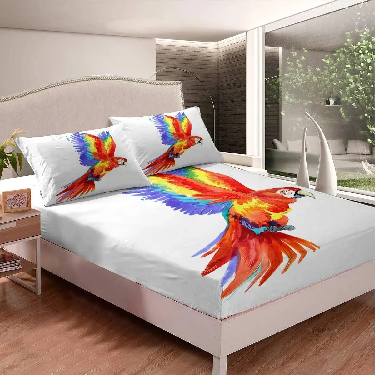 Parrot Printed Fitted Sheet Birds Animal 3 Pieces Bed Sheet Set (1 Fitted Sheet 2 Pillow Cases) Single King Queen Full Twin Size