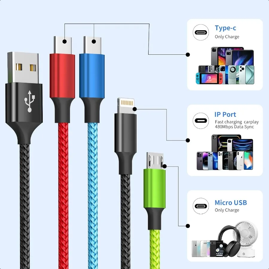كابل شحن متعدد للسفر [عبوة من النايلون 5 أقدام] 4 في 1 أسلاك شحن كابل USB شاحن هاتف مع IP Type C Type C Micro
