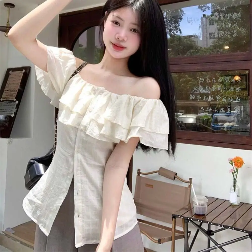 

Sweet Boat Neck Off Shoulder Tops Shirt Ruffle Beige Short T-shirts Thin Ins Style Y2K Short Sleeves Tops Clue