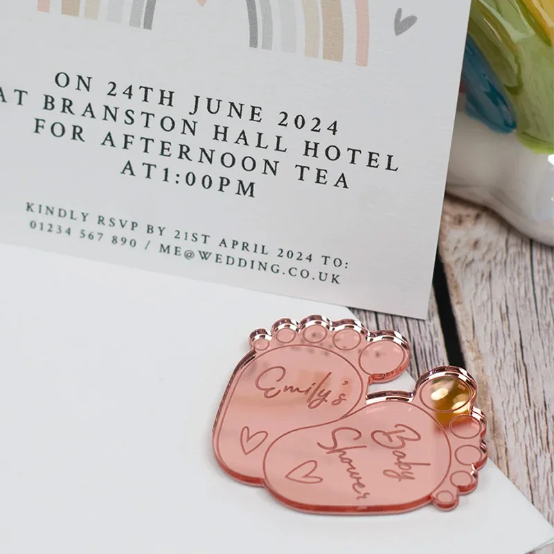 30/70/100Pcs Personalized Tag Baptism Baby Show Baay Feet Grail  Engraved Mirror Acrylic Name Foot Decoration Custom Tag Gift