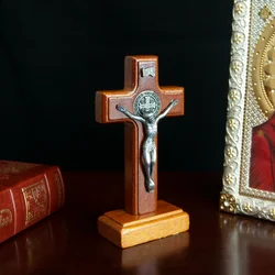 HTISOK Catholic Wooden Cross with Base, Pray for your Family and Home, Handheld Religious Souvenir Statue of Jesus on Base