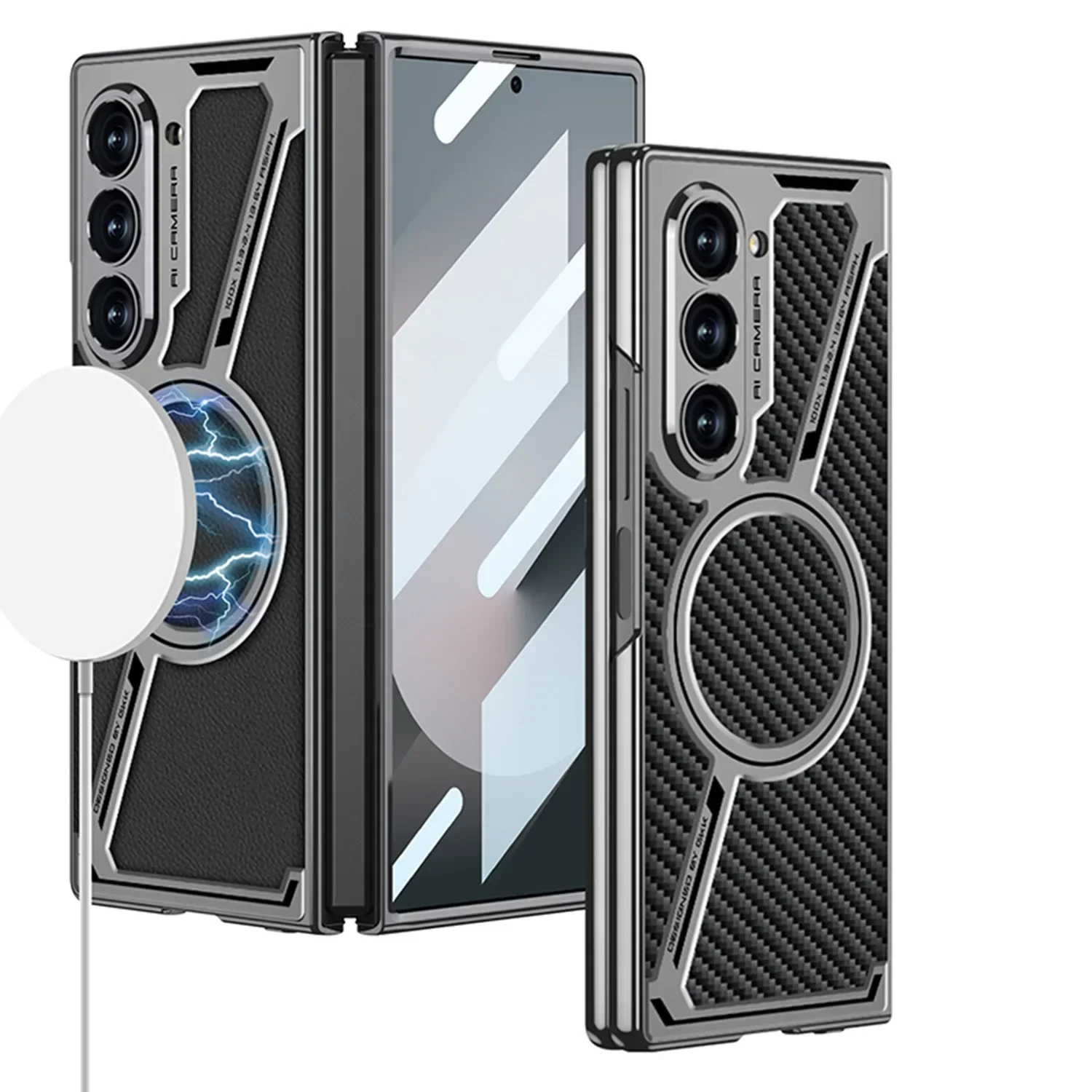 

For Samsung Galaxy Z Fold 6 5 Case Plating PU Leather Shaped Magnetic Fine Hole All-Inclusive Protective Case For Fold5 Fold6