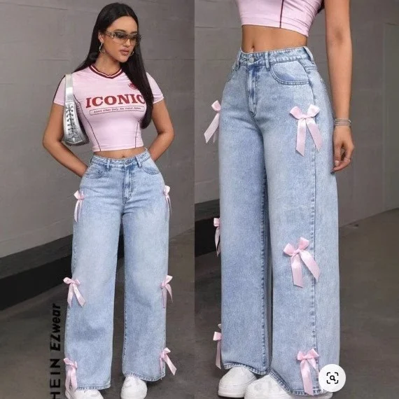 Washed Denim  Knot Patchwork Straight Leg Jeans Spicy Girl Cross-Border Hot Sale Y2K Street Style Youth Cotton Jeans